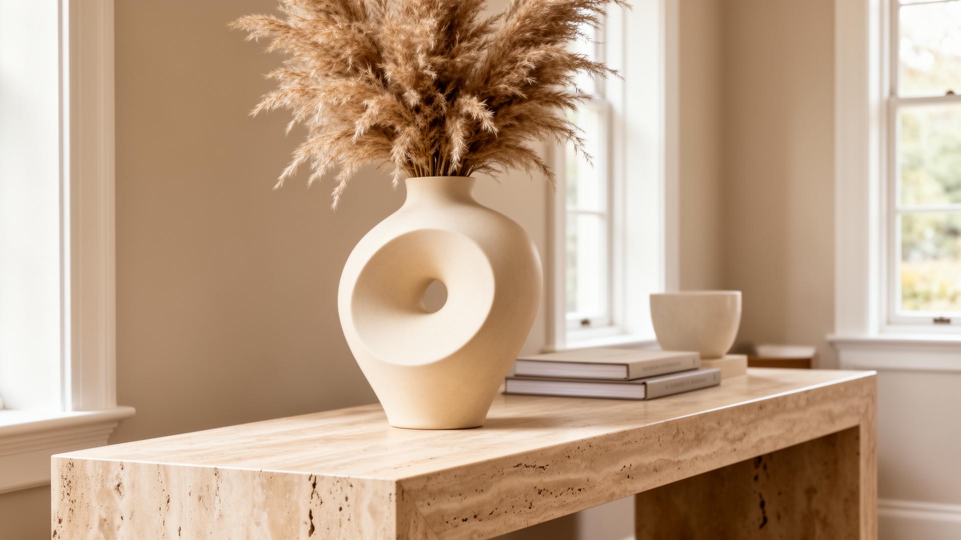 Sculptural cream vase styled on travertine console